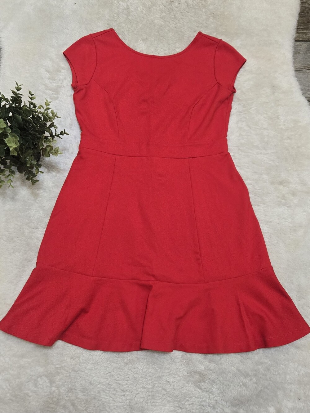 LOFT Red Ponte Knit Fit and Flare Flounce Ruffle Hem Office Skater Dress, 4